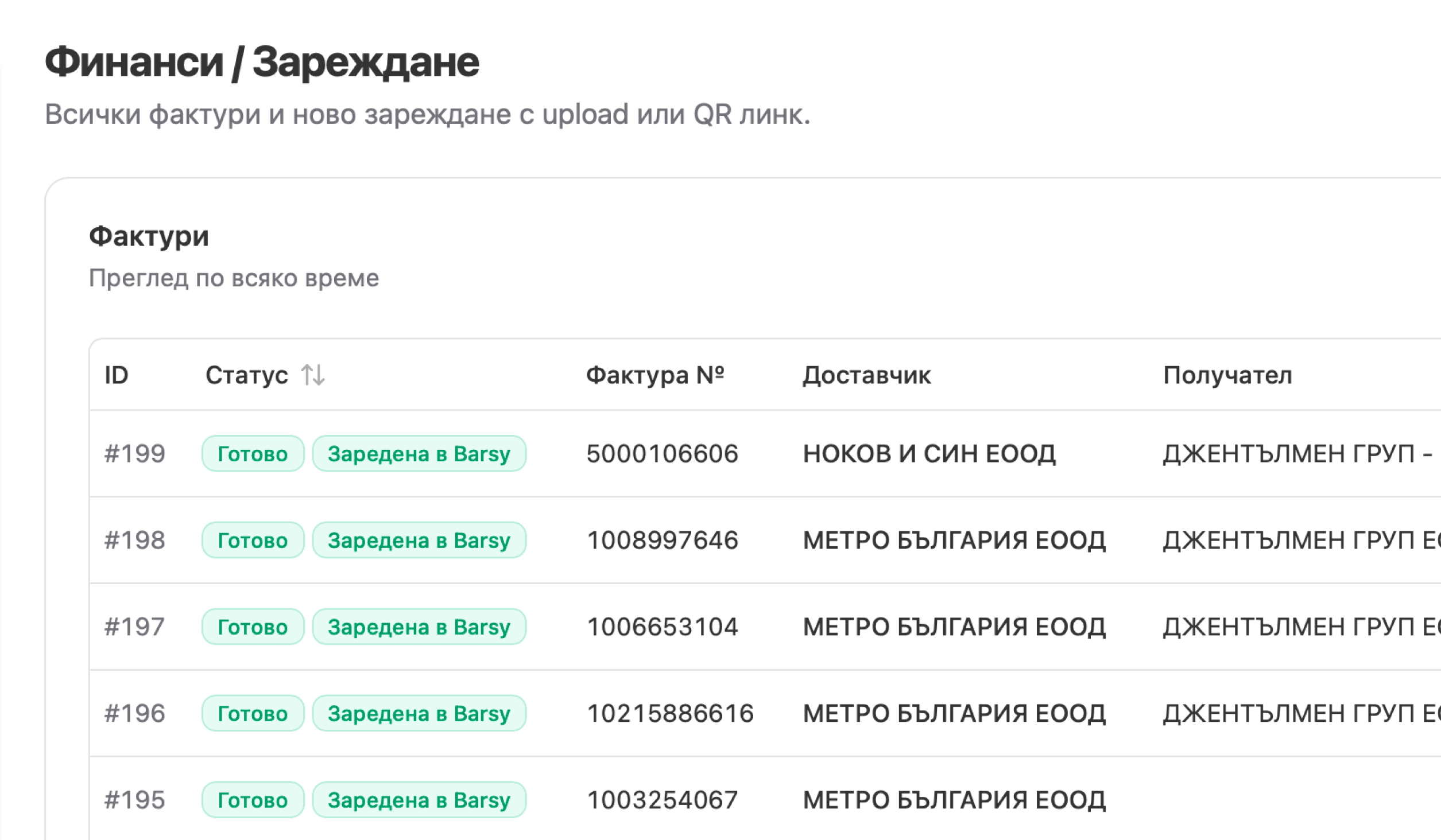 Фактури, прочетени от AI - екран от панела за управление на MenuMate